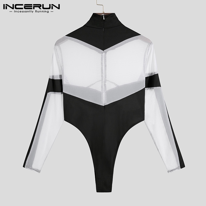 Áo liền quần INCERUN vải ghép nối xuyên thấu tay dài cổ cao cho nam