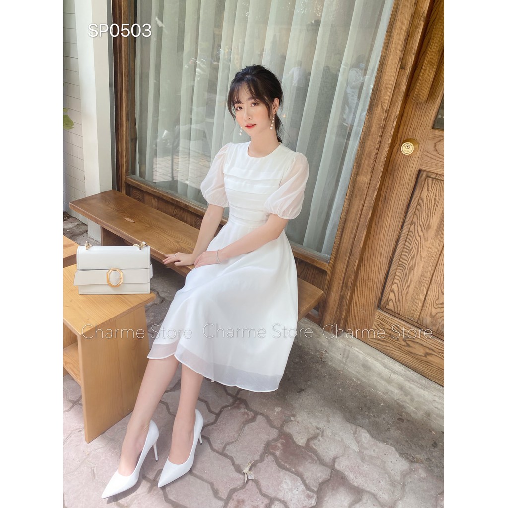 Váy nữ 💖Charme 💖Váy nữ Ruyt dáng xòe ngang gối màu trắng | BigBuy360 - bigbuy360.vn