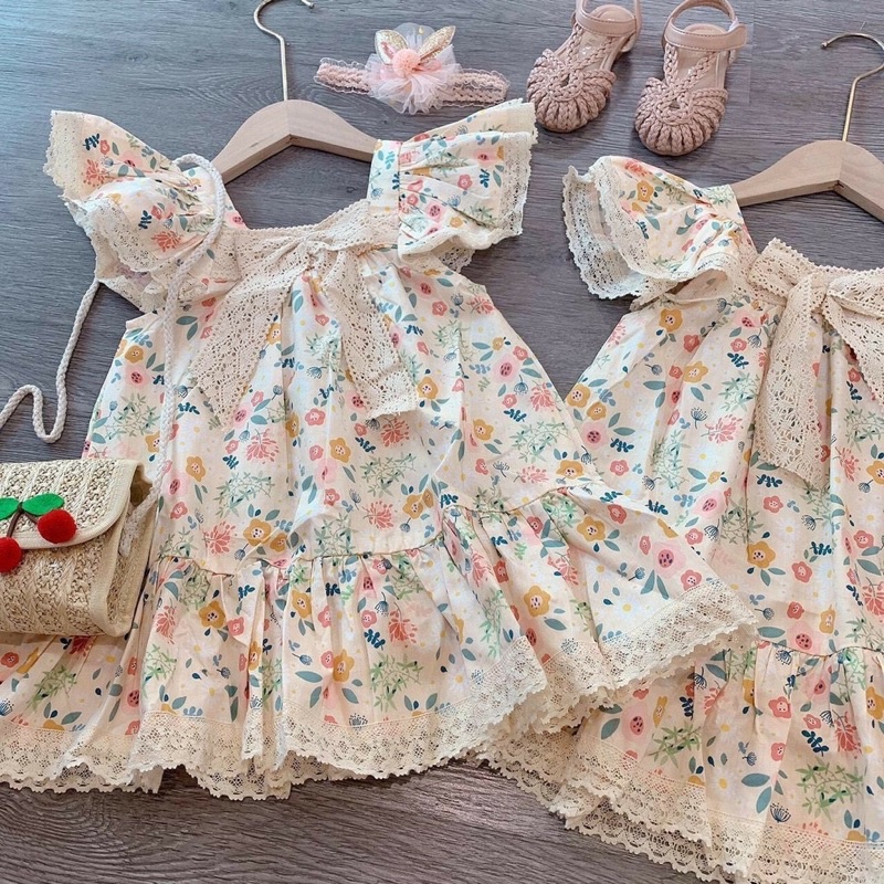 váy hè bé gái - Váy hoa cánh tiên đính nơ ren cho bé 1-5 tuổi