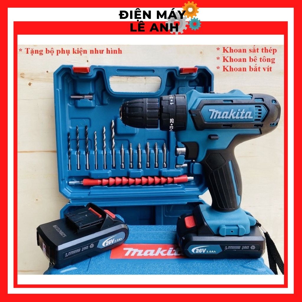 ♘۩❁Máy khoan pin bắt bắn siết ốc vít bulong cầm tay Makita 26V không chổi than mini đa chức năng- Tặng 24 Phụ Kiện