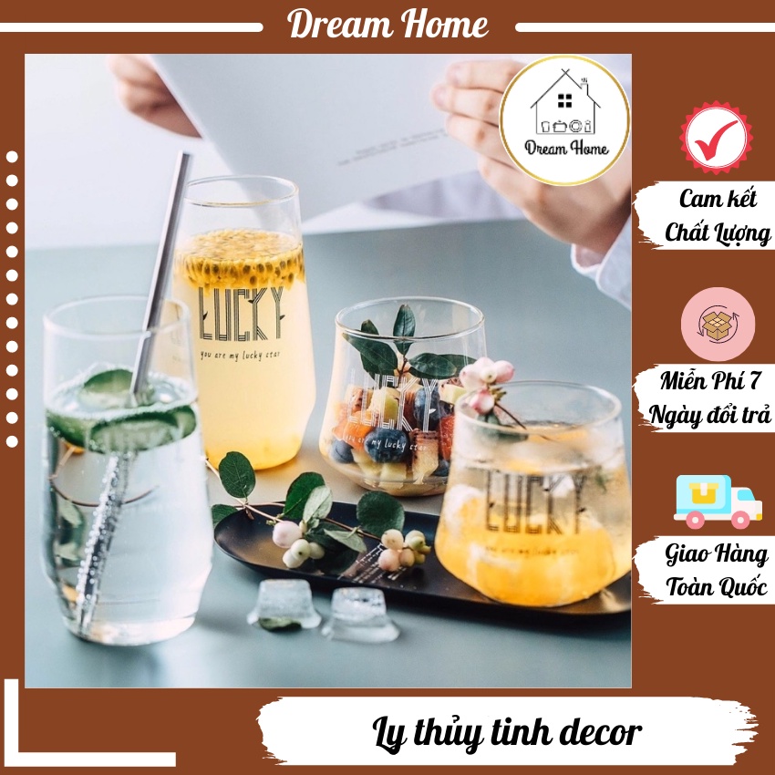 Ly thuỷ tinh decor 💥 CAO CẤP 💥 cốc thủ y tinh in chữ Lucky mang ý nghĩa đem lại sự may mắn cho người dùng
