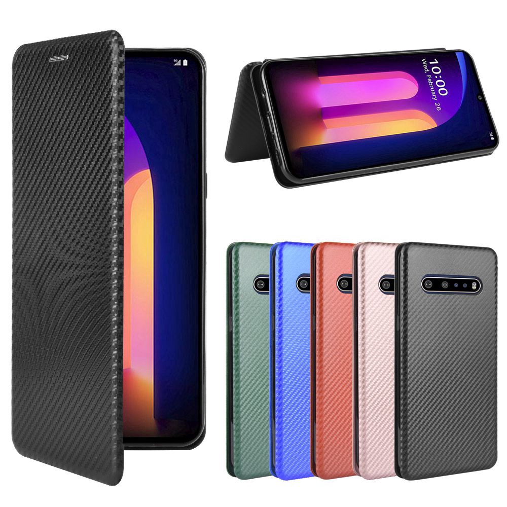 Bao Da Điện Thoại PU Sợi Carbon Nắp Lật Từ Tính Sang Trọng Cho LG V60 ThinQ 5G Đứng