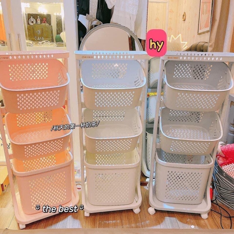 Kệ giỏ nhựa 2 tầng 3 tầng đa năng VIỆT NHẬT PLASTIC có bánh xe / có thể tháo rời kèm quai xách