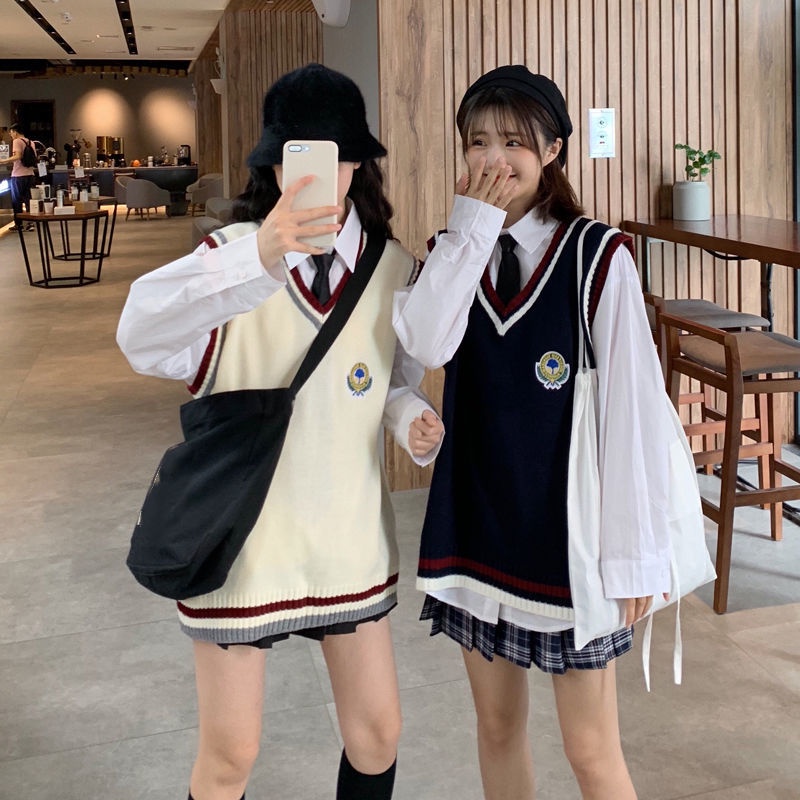 Bộ Áo Sơ Mi Dệt Kim Không Tay+Chân Váy Xinh Xắn Theo Phong Cách Nhật Bản Dành Cho Nữ