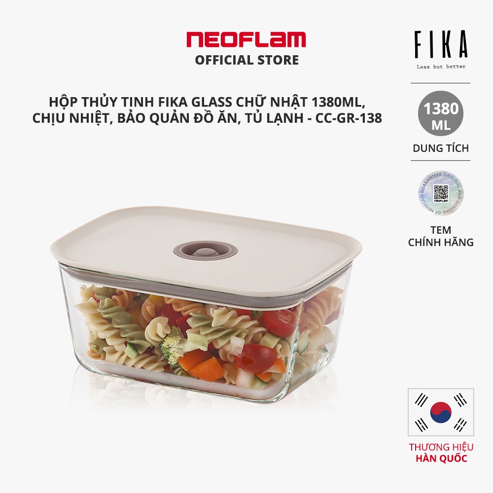 Hộp thủy tinh Fika Glass chữ nhật 1380ml, chịu nhiệt, bảo quản đồ ăn, tủ lạnh CCGR138