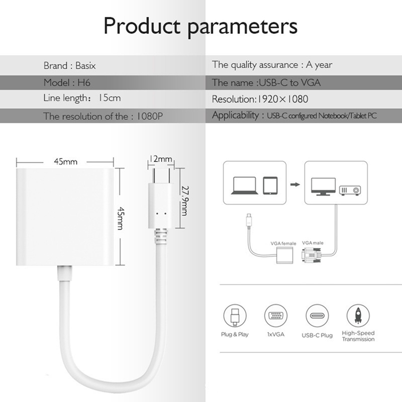 Usb C To Vga Adapter,Type C To Vga Adapter Compatible for Macbook Pro 2016/2017/2018,Macbook Air/Ipad Pro 2018,Surface Book 2,Chromebook Pixel/Dell Xp