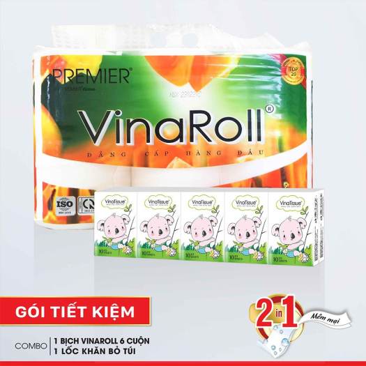 Combo giấy vệ sinh Premier Vinaroll không lõi và khăn giấy bỏ túi Vinatissue