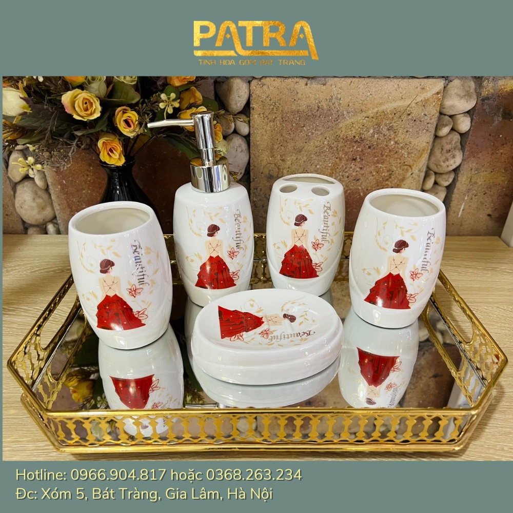 Set nhà tắm 5 món gốm sứ Bát Tràng - Bộ sứ vệ sinh, chai đựng sữa tắm dầu gội cao cấp