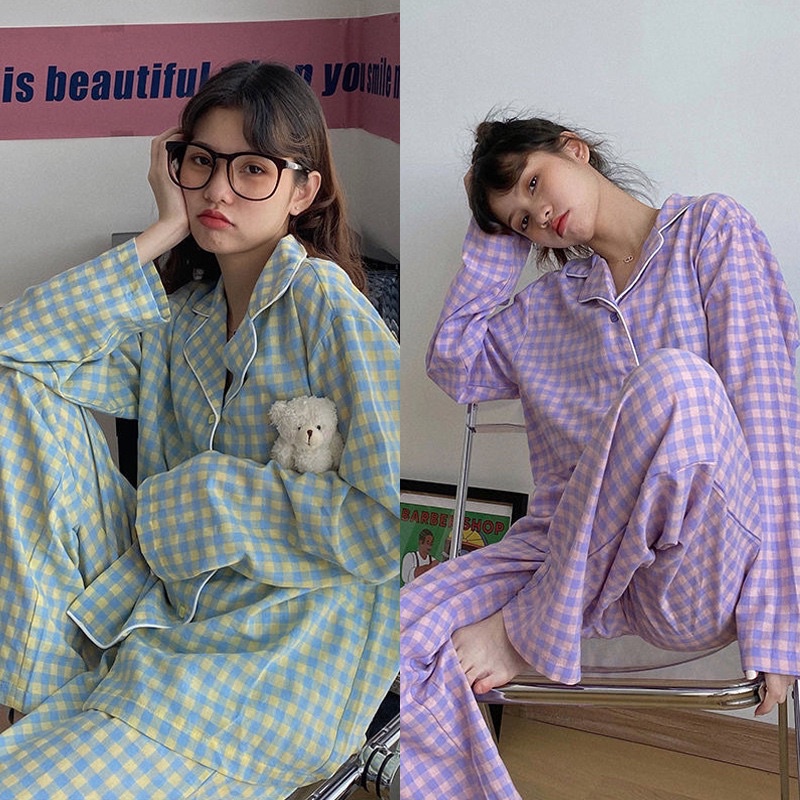 Bộ đồ ngủ nữ Pyjama kẻ sọc caro tay dài phong cách Hàn Quốc | BigBuy360 - bigbuy360.vn