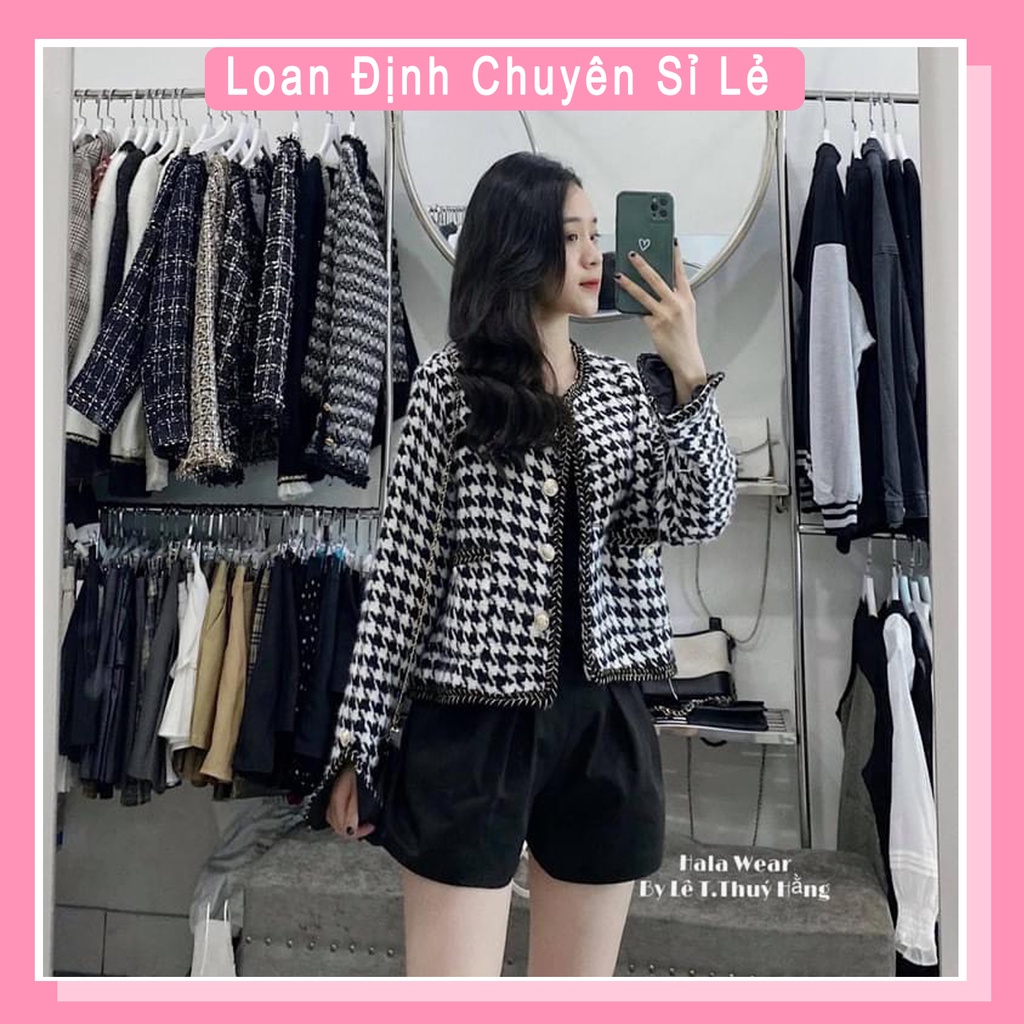 Áo khoác dạ kẻ viền mí dài tay áo dạ nữ tweed công sở | BigBuy360 - bigbuy360.vn