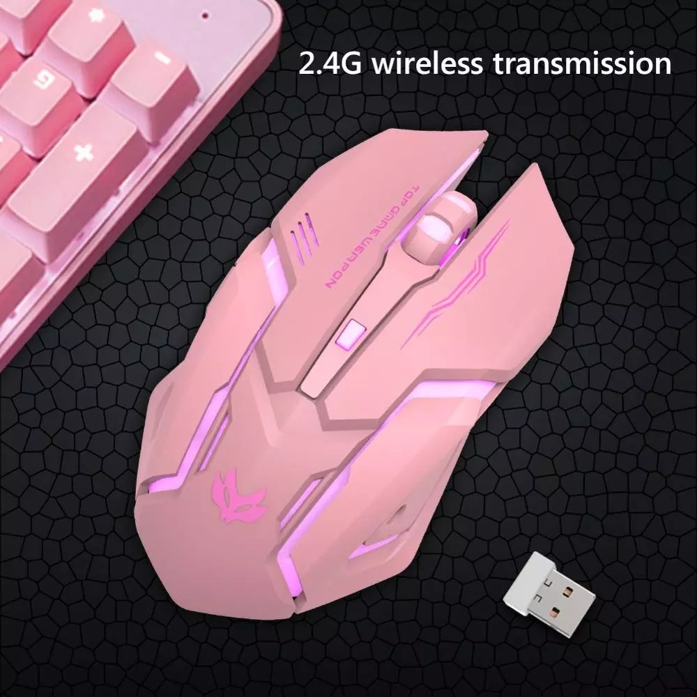 T1 Ergonomic 2.4G Có thể sạc lại có đèn nền Silent USB quang học Chuột chơi game không dây màu hồng Mute Mouse