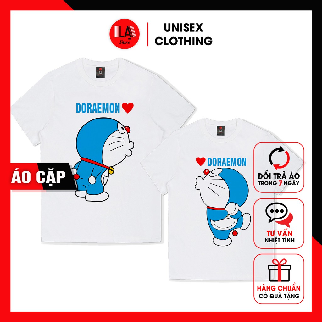 Áo Thun Couple Unisex Trắng Doraemon Kiss | LẠ STORE