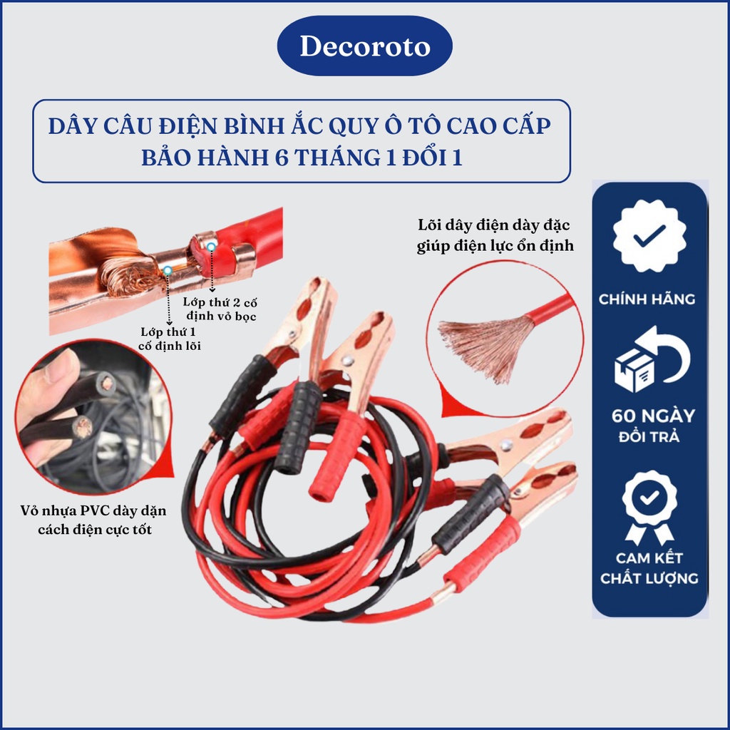 Dây Câu Điện Bình Ắc Quy Ô Tô Decoroto Lõi Đồng 2M Siêu Bền - Dây Kích Điện Acquy Cứu Hộ Xe Hơi Kẹp 
