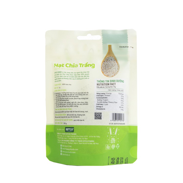 Hạt chia Úc hữu cơ trắng Giảm Cân EPCO FOODS gói 100g