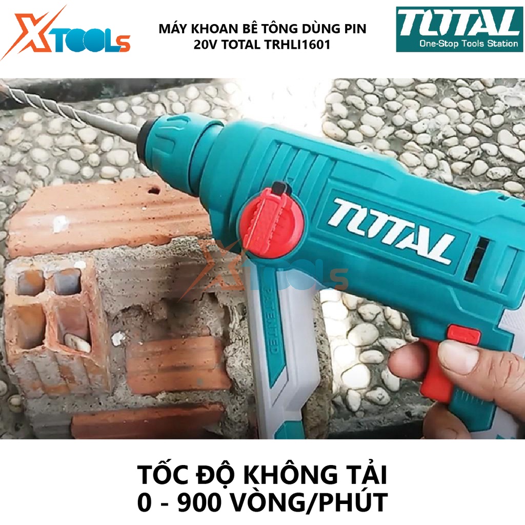 Máy khoan bê tông dùng pin 20V TOTAL TRHLI1601 tốc độ 900rpm, tốc độ búa 5100bpm, khả năng khoan 16 mm, kèm 3 mũi khoan