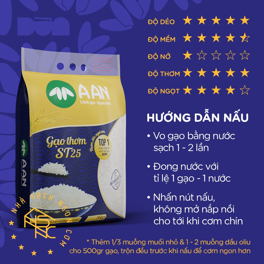 Gạo ST25, top 1 gạo ngon thế giới, dẻo nhiều, thơm lá dứa - Túi 5 Kg A An