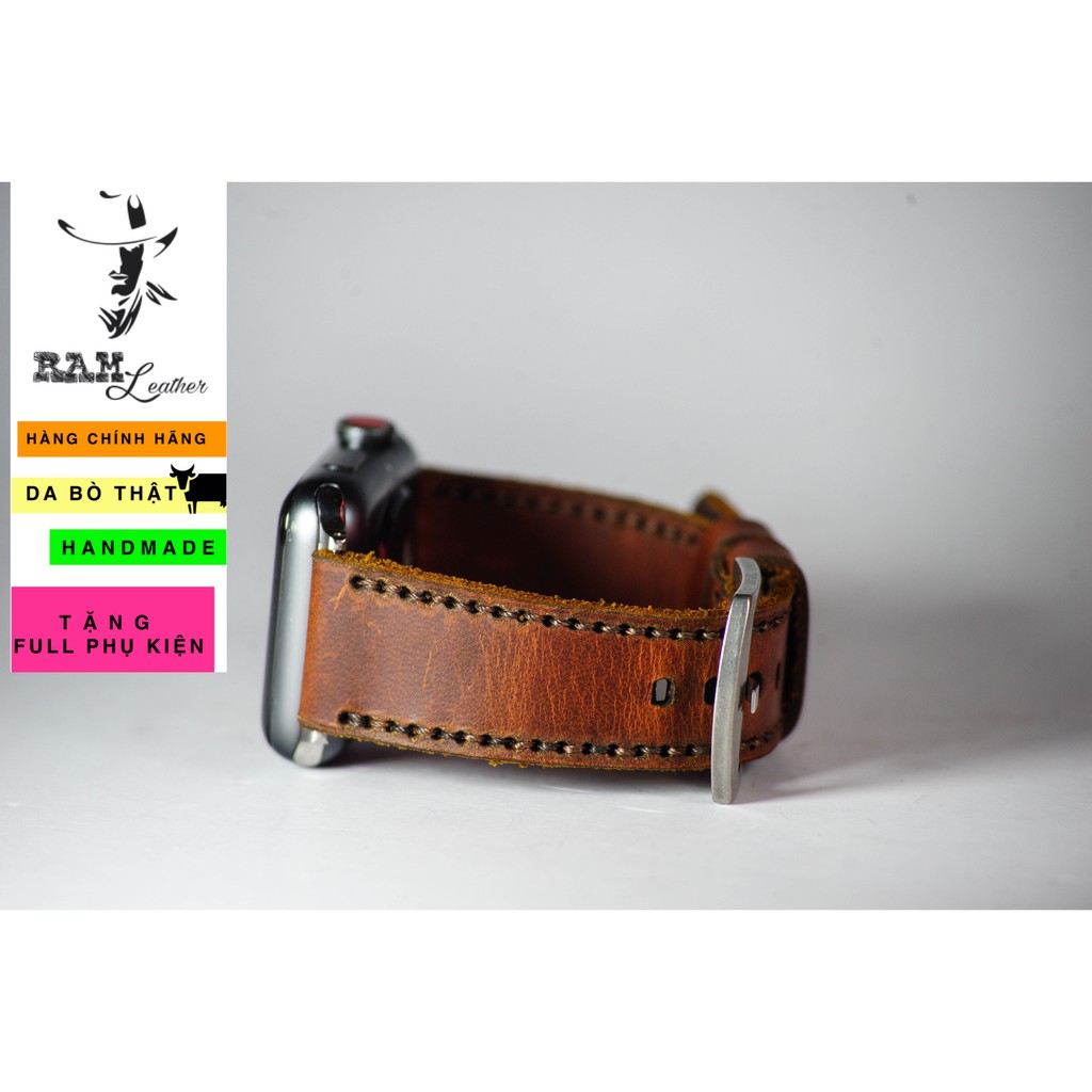 Dây apple watch da bò nâu mận handmade bền chắc cực đẹp RAM Leather classic 1981 - tặng khóa chốt và adapter