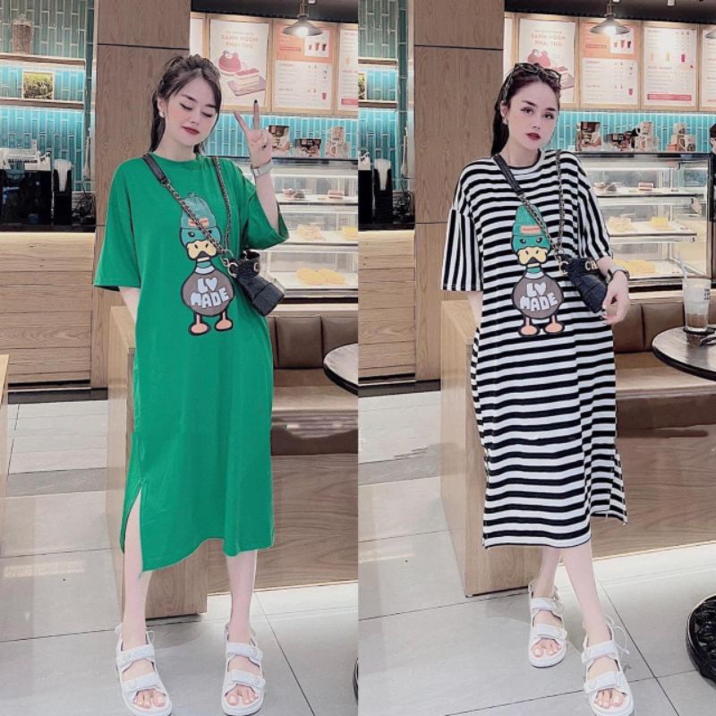 Đầm suông cổ tròn in vịt đội mũ chất cotton dáng dài - Váy ngủ thun co dãn from rộng hoạ tiết chữ made hai màu xinh xắn