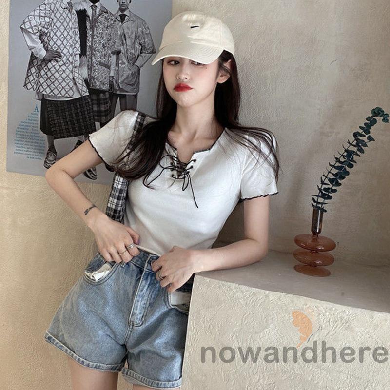 Áo Thun Tay Ngắn Cổ Đan Dây Chéo Màu Sắc Trơn Thời Trang Cho Nữ | BigBuy360 - bigbuy360.vn