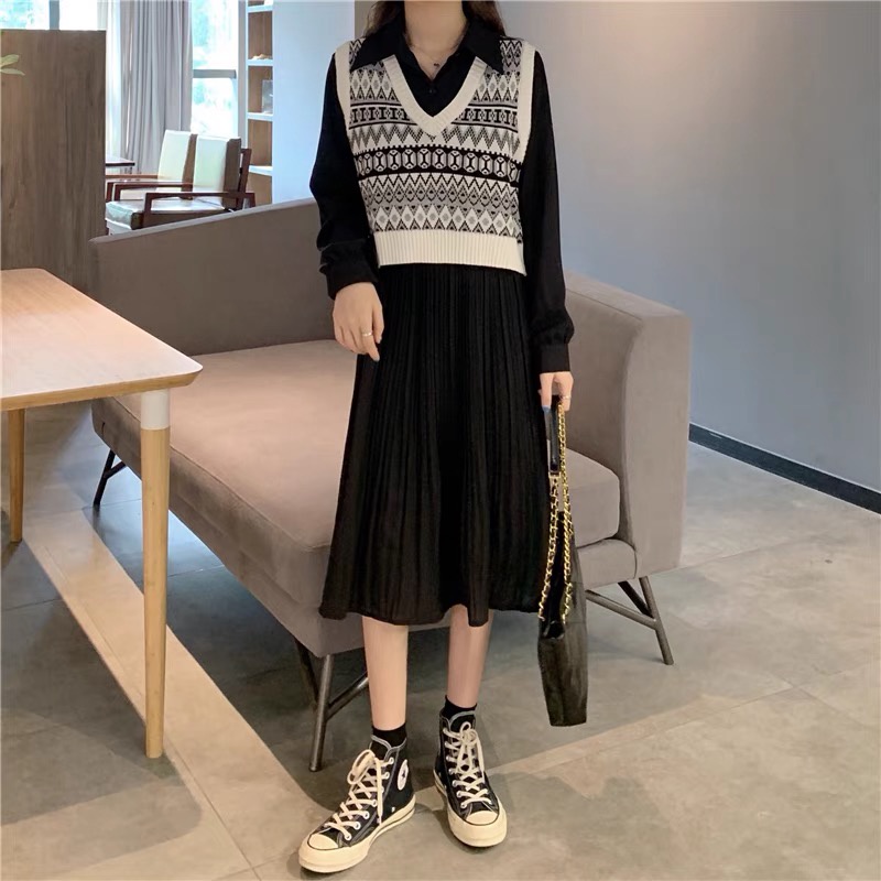 Áo gile len nữ - Áo len nữ dệt kim thổ cẩm dày dặn kiểu cổ V phong cách thời trang Hàn Quốc