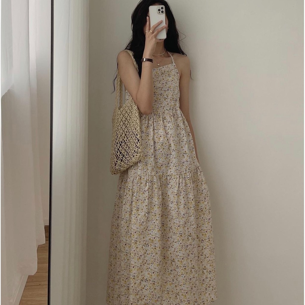 Váy Hai Dây Hoa Nhí Vàng Vintage - BaoBao.Clothing [FREESHIP] - Đầm 2 dây nữ dáng suông vải thô thoáng mát
