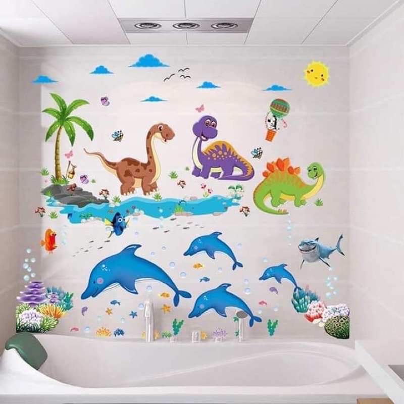 Decal dán tường khủng long và cá heo