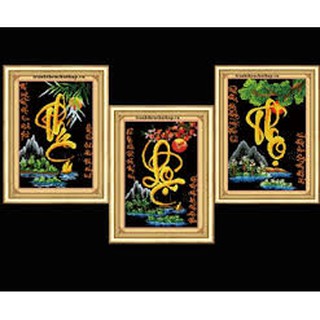 Tranh thêu phúc lộc thọ nền đen khổ 36x51cm x3