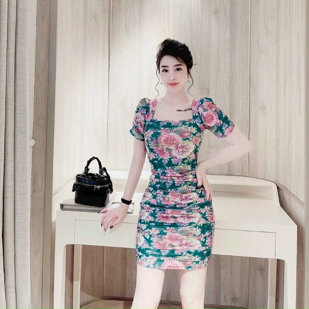 Đầm body cổ vuông đầm xinh họa tiết phối hoa 3 màu đen nure và xanh màu nào cũng tôn dáng tôn da cho chị em đi tiệc phố