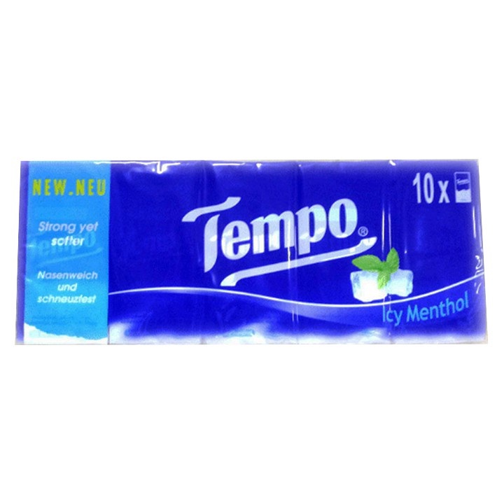 Lốc 10 Gói Khăn Giấy Bỏ Túi Tempo Regular Icy Menthol 4 Lớp (8 Tờ/ 1 Gói x 10)