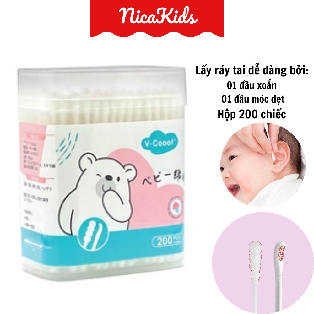 TĂM BÔNG ĐA NĂNG VCOOOL CAO CẤP LÕI GIẤY HỘP hồng 200 CHIẾC cho bé