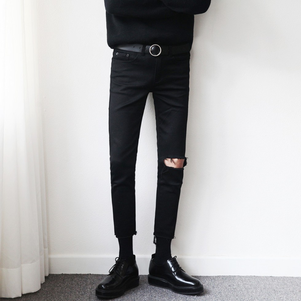 [Co GIãn+Không Phai Màu]Quần Jean Rách Gối Nam Màu Đen Vải Không Phai Màu, Co Giãn Dáng Skinny Phong Cách Hàn Quốc-J05 | BigBuy360 - bigbuy360.vn