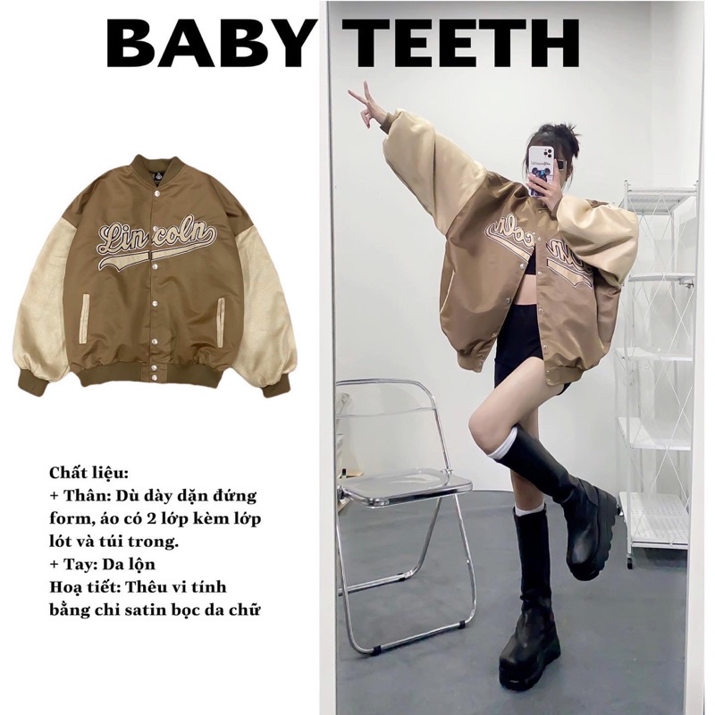 Áo Khoác bomber bóng chày unisex nam nữ có hình thêu Lincoln