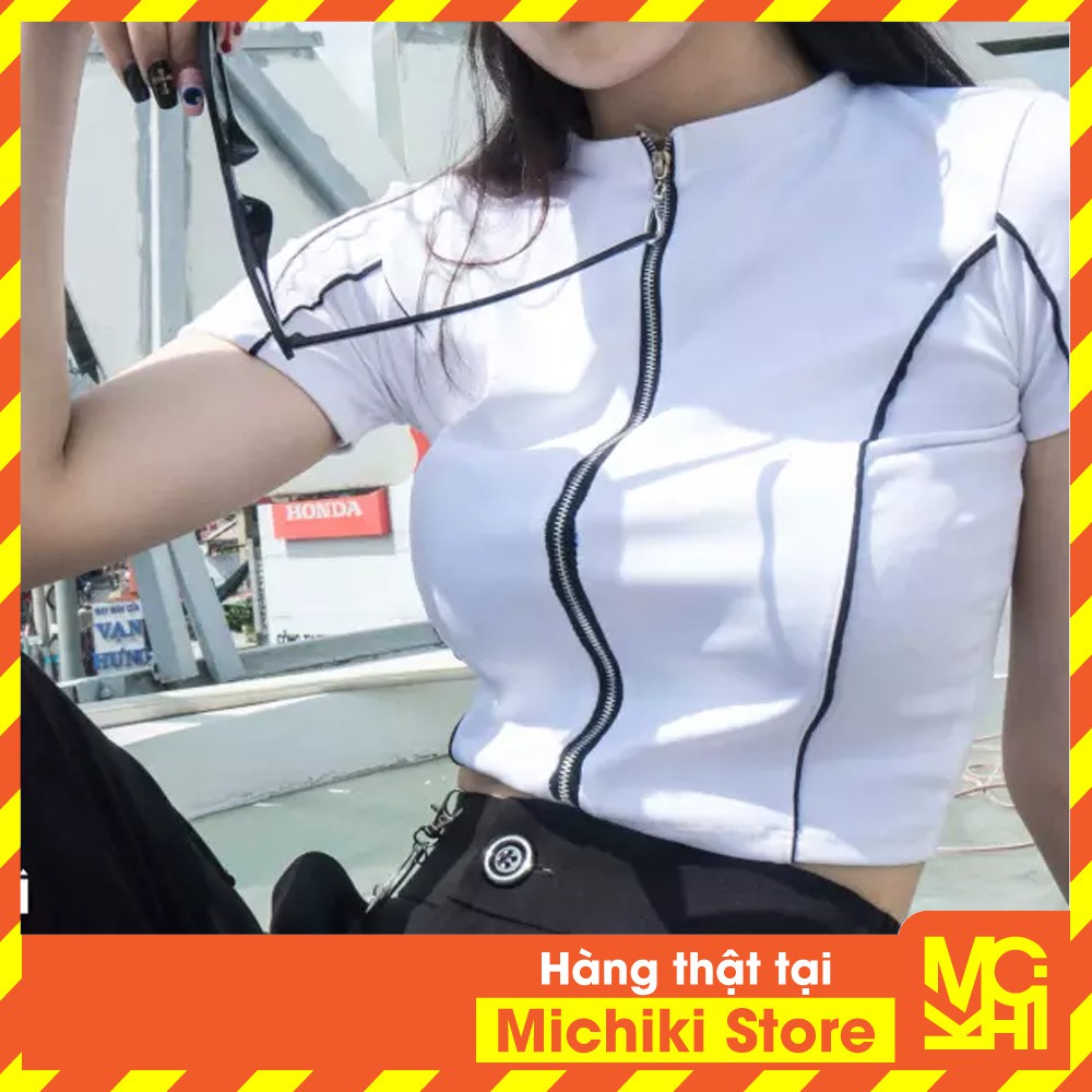 Áo thun ôm croptop tay ngắn phối dây kéo Michiki - Hàng thiết kế cao cấp