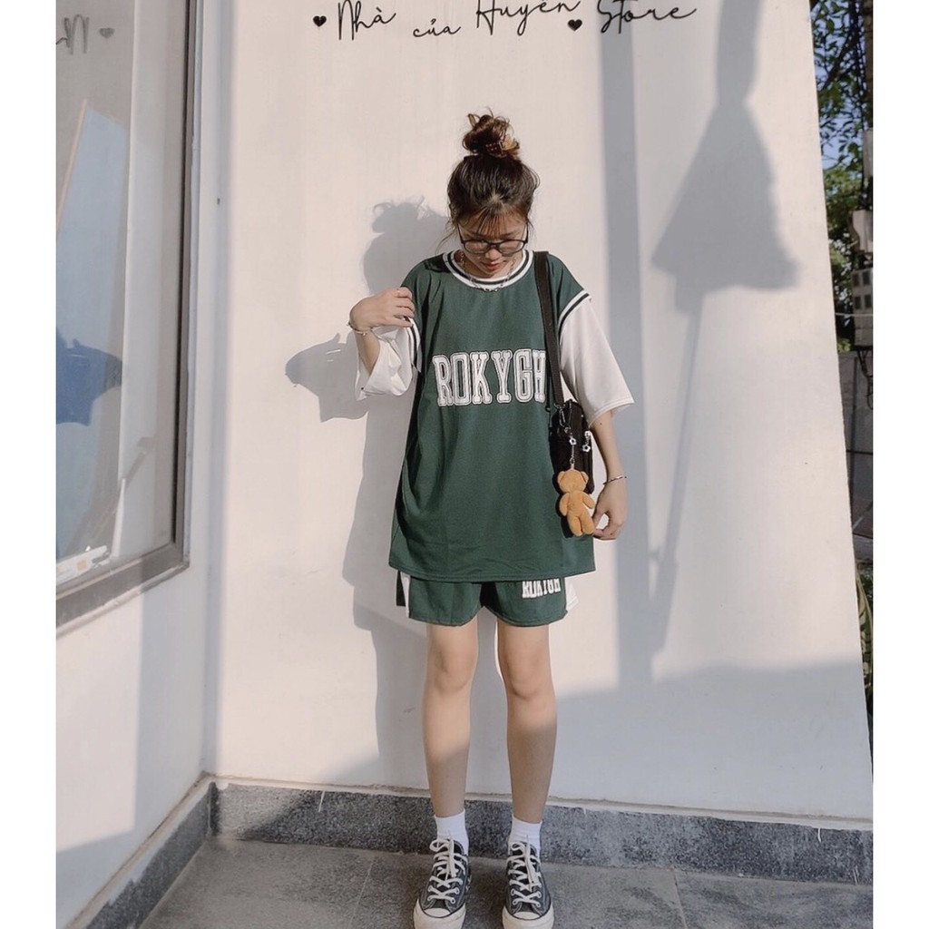 Bộ đồ thể thao nữ dáng rộng bóng rổ ROK YGH sét áo thun phối tanktop kèm quần short đùi oversize basic năng động
