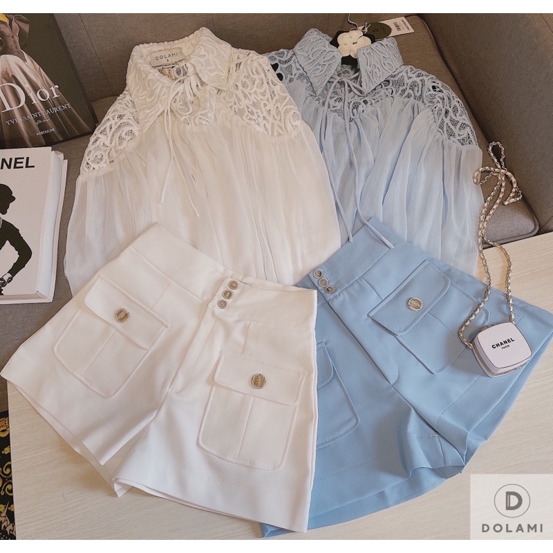 Set áo sơmi voan phối ren chỉ + quần short dolami