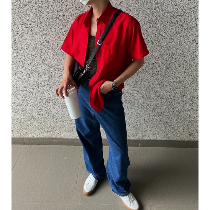 SIAM ÁO SƠMI TAY NGẮN UNISEX FOM RỘNG MÀU ĐỎ ĐƠN GIẢN