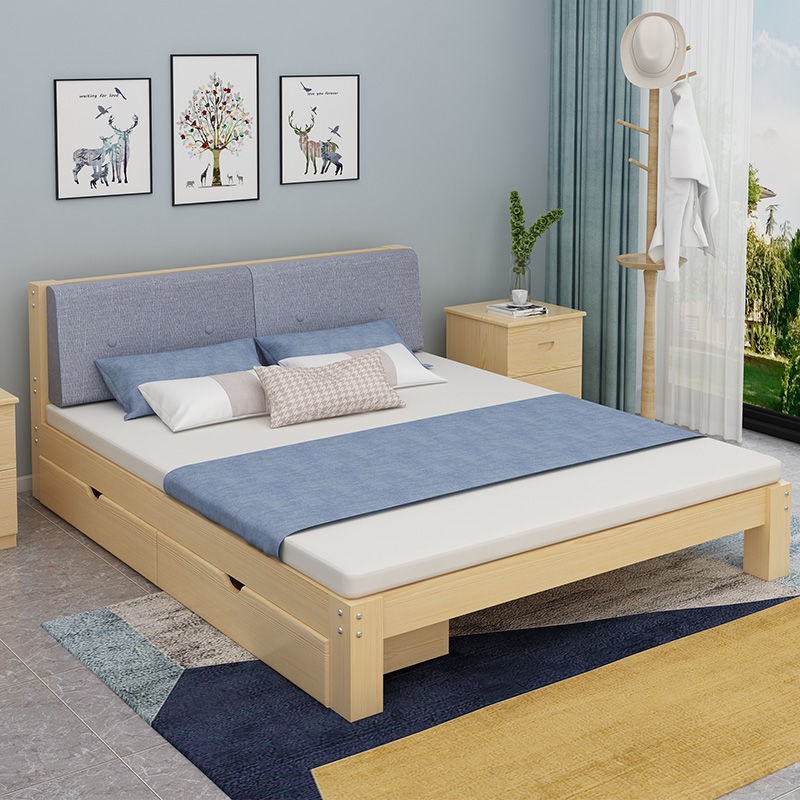 Toàn bộ giường gỗ nguyên khối 1,8m đôi chính phòng ngủ người lớn gói mềm 1,5m đơn giản hiện đại 1m