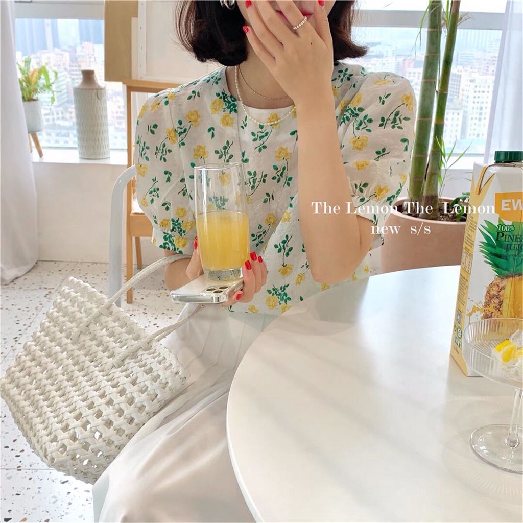 SUXI Áo kiểu tay ngắn cổ tròn dáng rộng in hoa thời trang mùa hè Hàn Quốc dành cho nữ