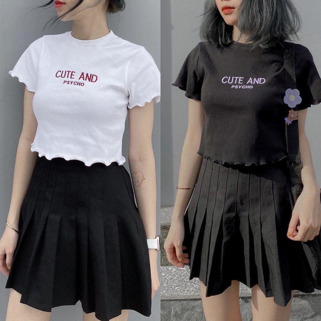 [Mã FAMAYWA giảm 10K đơn 50K] Áo croptop thun gân viền bèo Cute and psycho, Áo croptop thun gân viền bèo cute | BigBuy360 - bigbuy360.vn