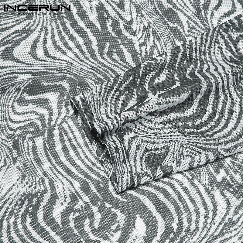 Áo Thun INCERUN Dáng Ôm Vừa Vặn Dài Tay Vải Lưới Mỏng In Họa Tiết Xuyên Thấu Thời Trang Cho Nam