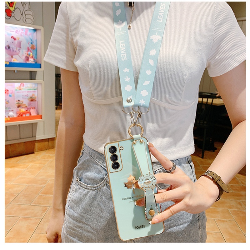 Ốp Điện Thoại Silicone Mềm Họa Tiết Lá Phong Có Dây Đeo Cho Samsung Galaxy S22 Ultra S21 S20 FE S10 Plus