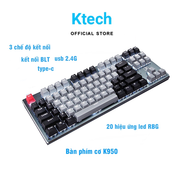 Bàn phím CƠ Bluetooth Không Dây Pin Sạc K950 LED đẹp, phím blue switch cho máy tính pc laptop, điện thoại, máy tính bảng