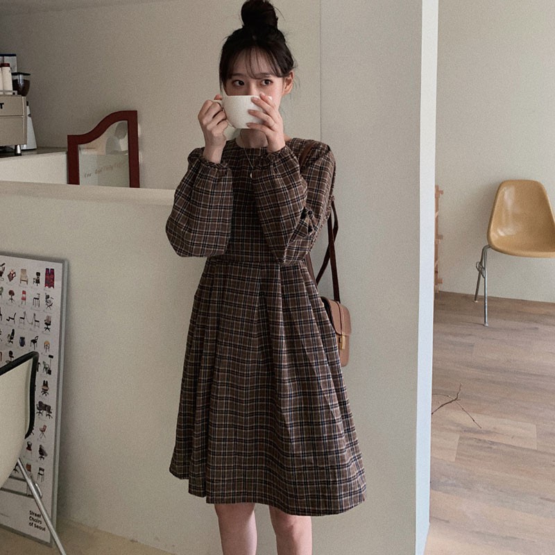 Đầm Midi dài Tới gối Kẻ sọc Caro nhỏ Dài tay Lưng cao Retro Ulzzang Hàn Quốc Đầm Midi dài Búp bê Baby doll