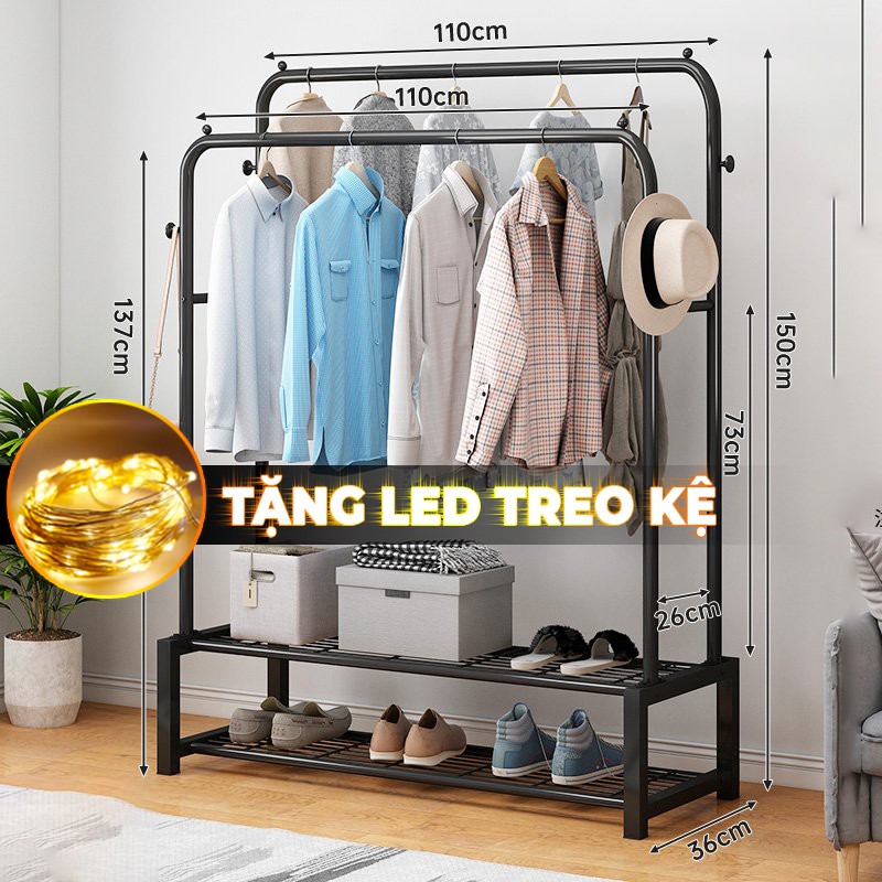 [Tặng Đèn Led Treo Kệ] Giá treo quần áo phong cách thời trang, gọn gàng và trẻ trung cải tiến thêm móc treo túi và mũ