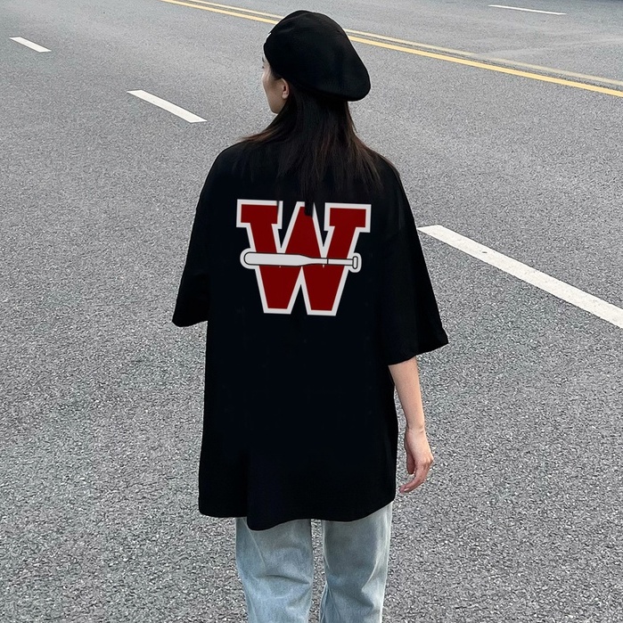 Áo phông rộng nữ W vintage cổ tròn đen áo unisex áo thun tay lỡ 100% cotton