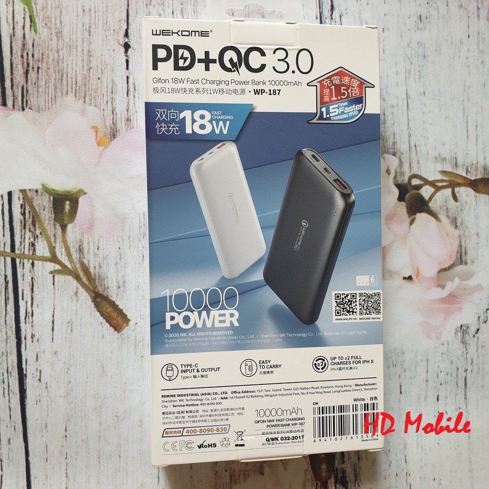 Pin dự phòng dung lượng 20.000mAh chính hãng WP-189, sạc dự phòng hỗ trợ sạc nhanh chuẩn dung lượng