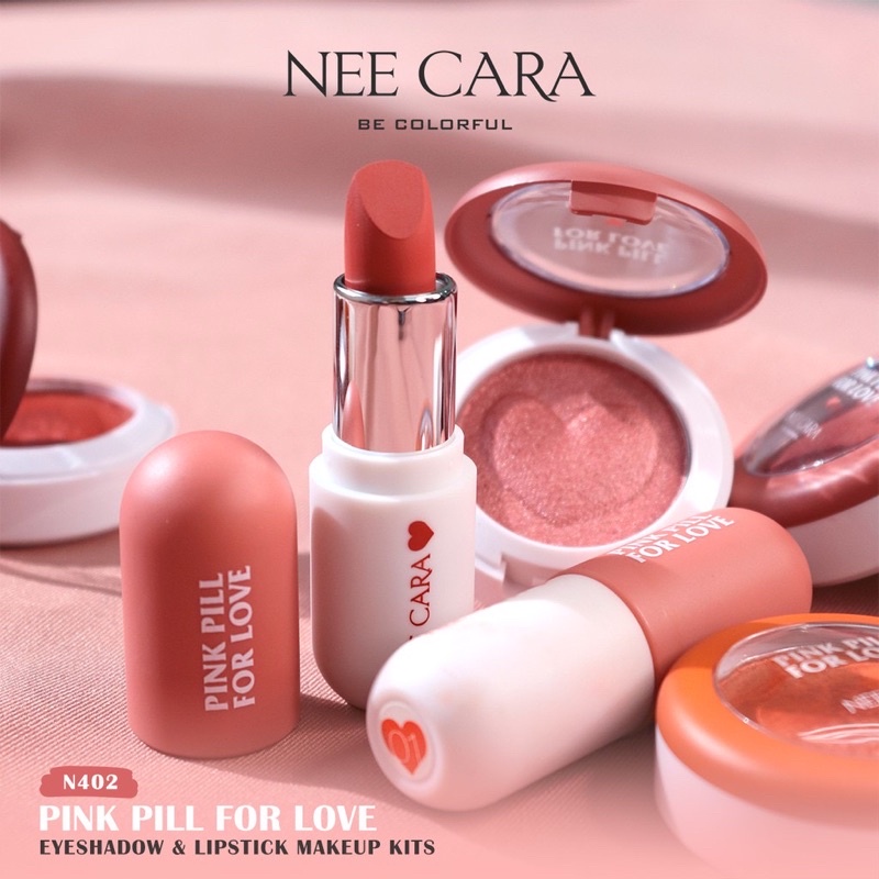 Set Son Môi, Phấn Mắt kết hợp Má Hồng 2in1 Nee Cara Pink Pill For Love N402
