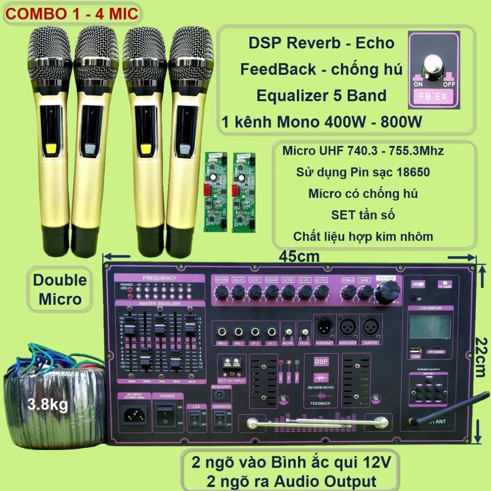 Mạch loa kéo Reverb chống hú 1 kênh Mono 400W – 800W kèm Micro UHF pin 18650 chống hú loa kéo 5 tấc đơn, 6 tấc đơn