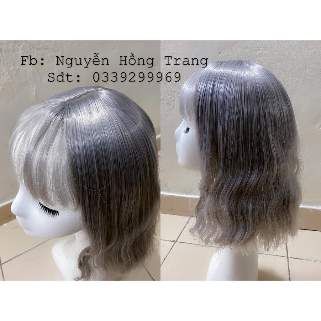 Tóc Giả Xoăn Ngắn Màu Xám