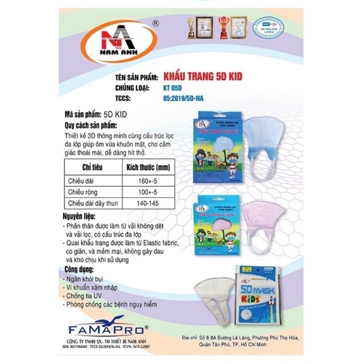 Khẩu trang y tế trẻ em 3 lớp kháng khuẩn 5D mask Famapro Nam Anh, dây đeo mềm mại (hộp 10 cái)